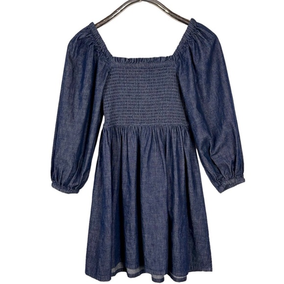 J. CREW BG118 COTTON CHAMBRAY DENIM BLUE SMOCKED PUFF SLEEVE MINI DRESS - Picture 4 of 15